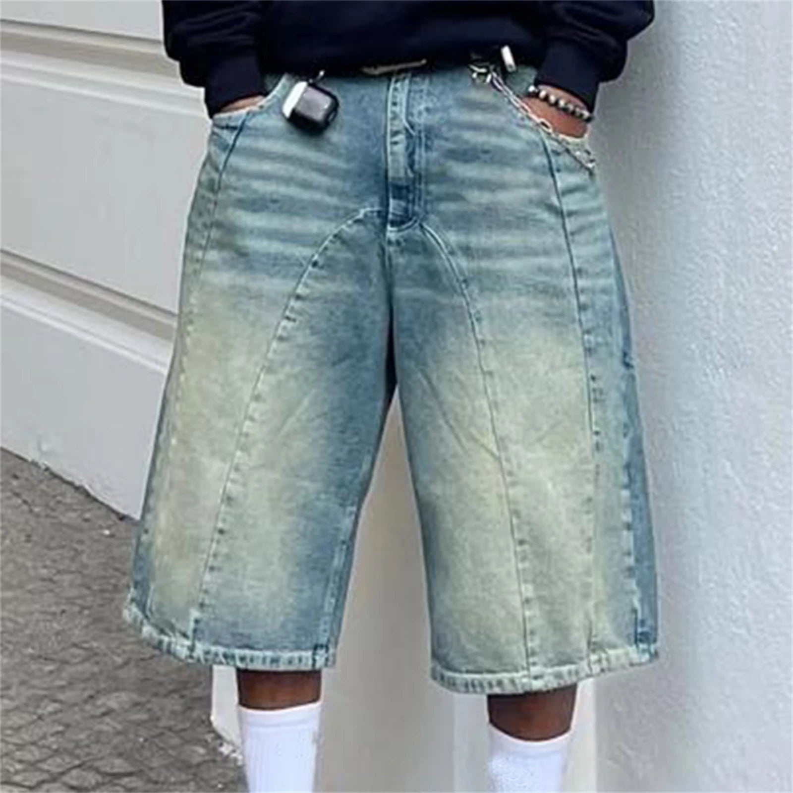 Men Baggy Denim Shorts Retro Wide Leg Carpenter Mid Jeans Zipper Hip Hop Jorts with Pockets Casual Streetwear
