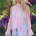 VacationGrabs Minimalist Solid Cold Shoulder Chiffon Blouse Mock Neck Back Tie Split Flare Sleeve Loose Irregular Hem Daily Shirt