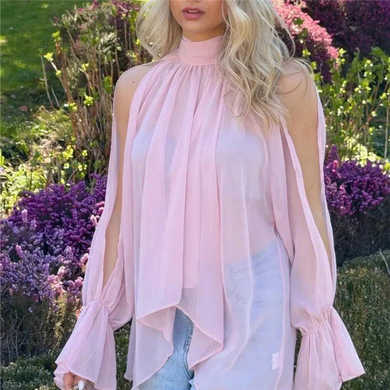 VacationGrabs Minimalist Solid Cold Shoulder Chiffon Blouse Mock Neck Back Tie Split Flare Sleeve Loose Irregular Hem Daily Shirt