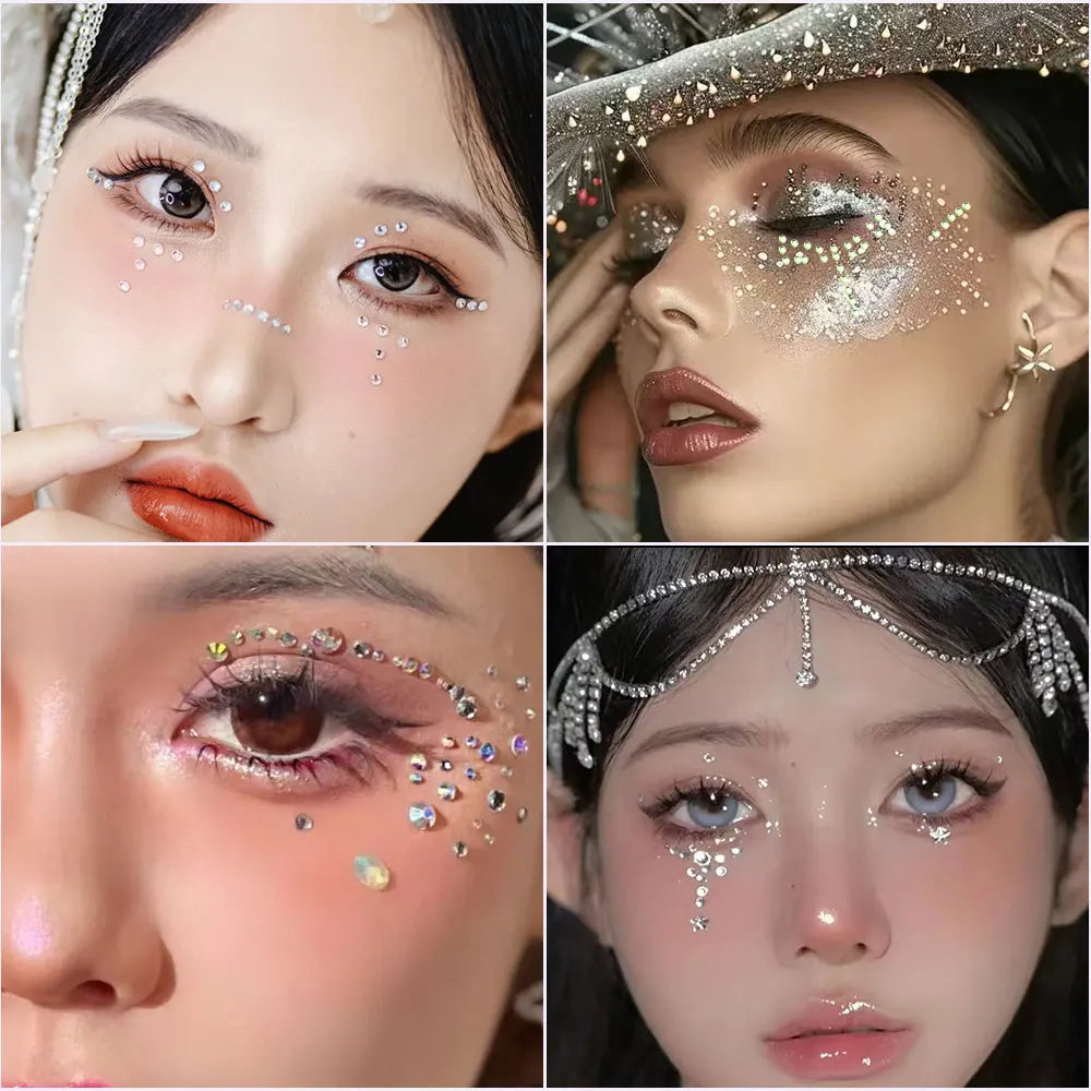162/216/900pcs Eye&Face&Body Diamond Tattoos Stickers 3/4/5/6mm Colored Glitter Rhinestone Tattoo for Party Makeup Gem Accessory