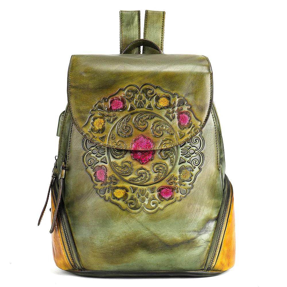 Retro Embossed Floral Backpack For Women Genuine Leather - VacationGrabs