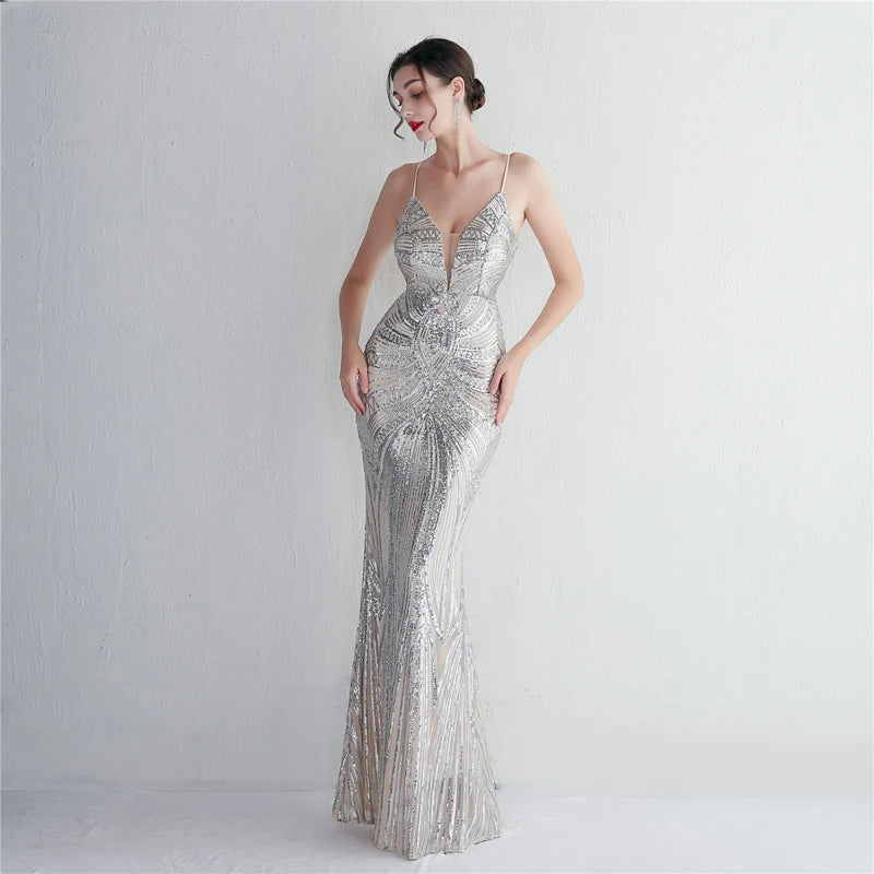 Women's Sequined Floor-Length Mermaid Evening Dress