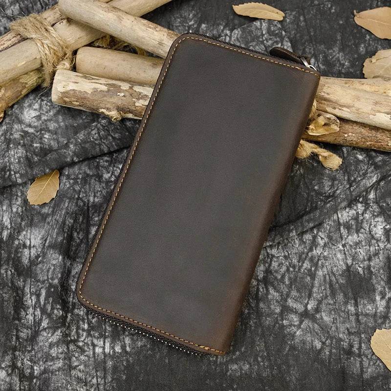 Vintage Leather Long Wallet for Men & Women with Single Zipper - VacationGrabs
