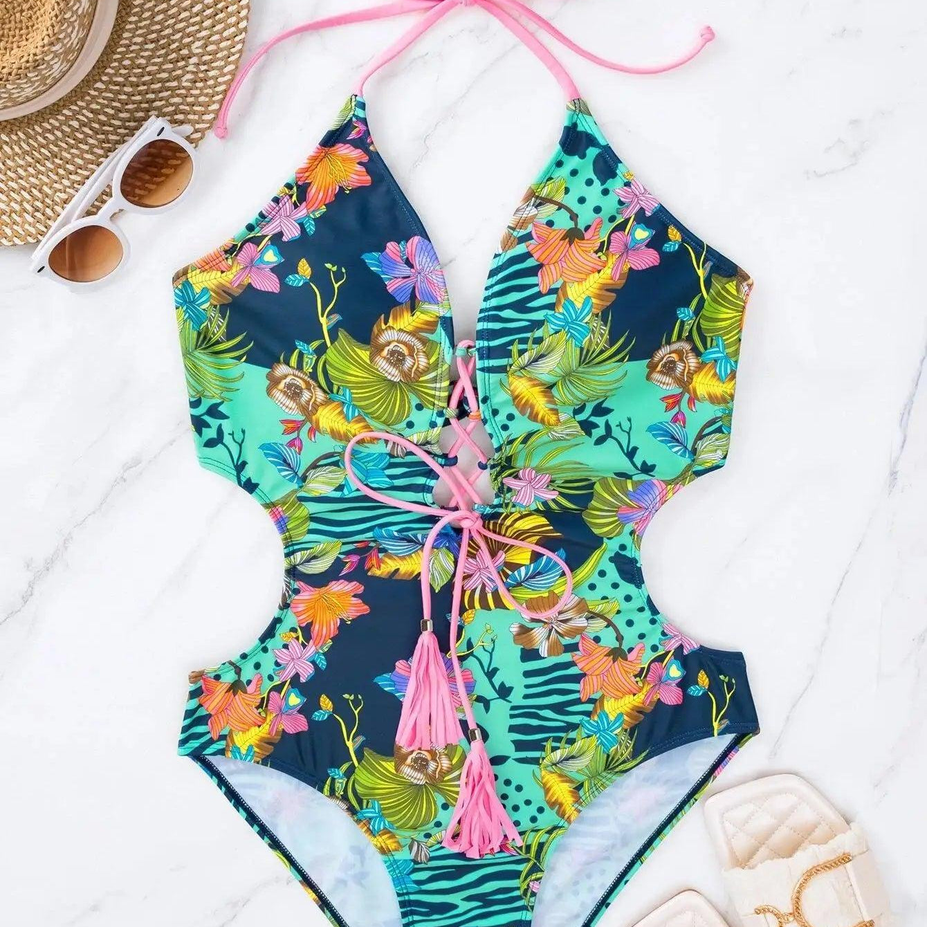 Women's Swimwear - 1PC Floral Print Lace Up Front One Piece Swimsuit