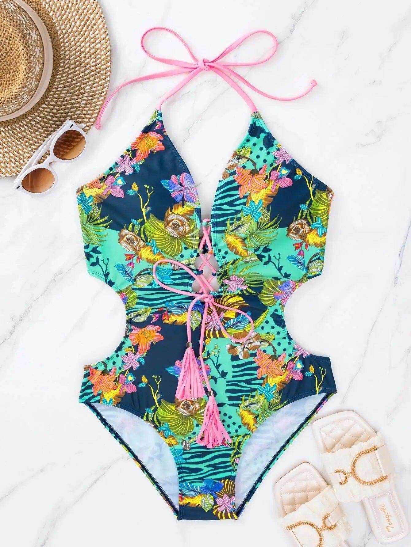 Floral Print Lace Up Front One Piece Swimsuit - VacationGrabs