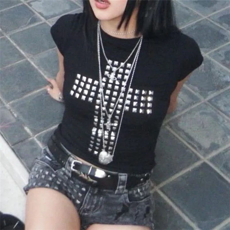 Retro Gothic Women's Studded Cross Baby Tee Fitted Black Short Sleeve T-Shirt Emo Punk Rock Streetwear for Dark Style