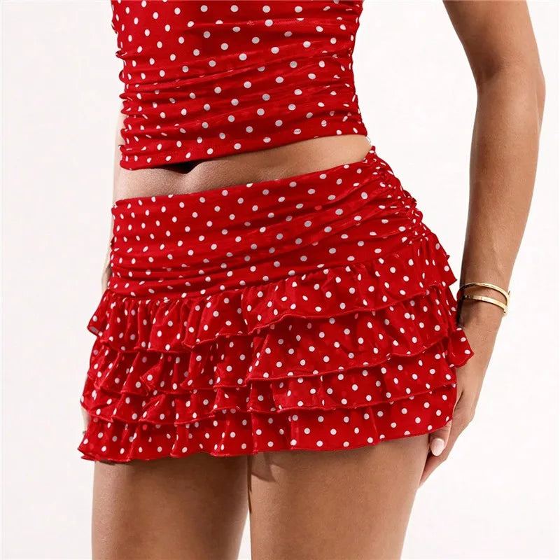 VacationGrabs Polka Dot Mini Skirt for Women Low Rise Tiered Layered Ruffle Y2K Pleated Skirt Flowy A Line Short Skirts