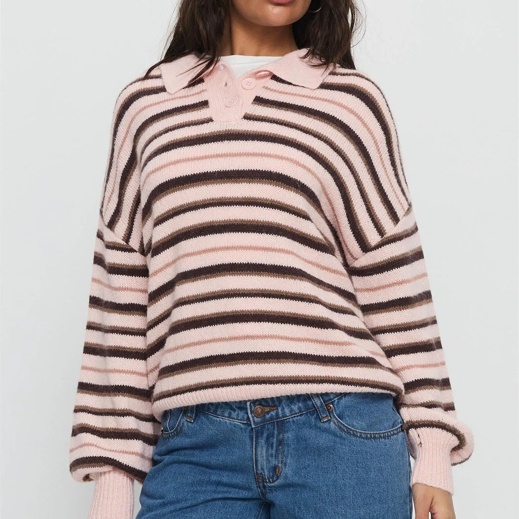 VacationGrabs Women Y2K Striped Sweater Long Sleeve Color Block Lapel V Neck Knit Jumper Tops Winter Warm Oversized Sweater