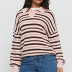 VacationGrabs Women Y2K Striped Sweater Long Sleeve Color Block Lapel V Neck Knit Jumper Tops Winter Warm Oversized Sweater