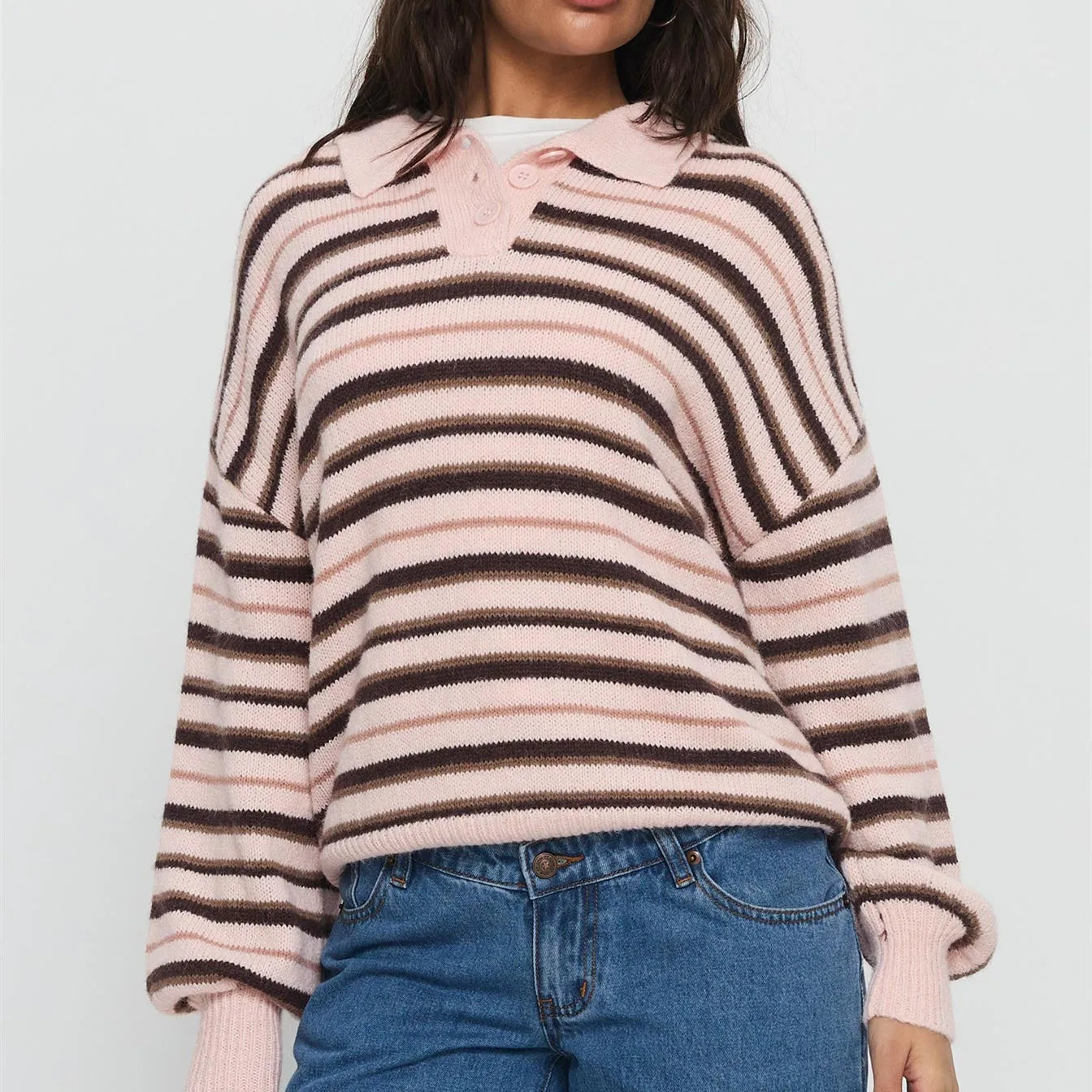 VacationGrabs Women Y2K Striped Sweater Long Sleeve Color Block Lapel V Neck Knit Jumper Tops Winter Warm Oversized Sweater