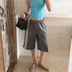 VacationGrabs Elastic Drawstring Waist Side Stripes Cropped Seven Pants Women Loose Wide Leg Sweat Jogger Casual Street Bottoms