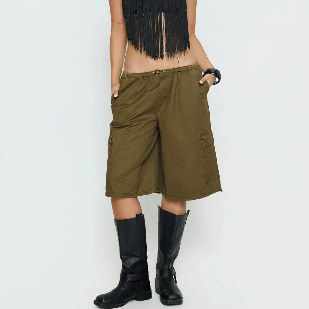 VacationGrabs Women's Knee Length Cargo Shorts Elastic Drawstring Waist Loose Fit Bermuda Capris with Pockets Casual Streetwear Summer