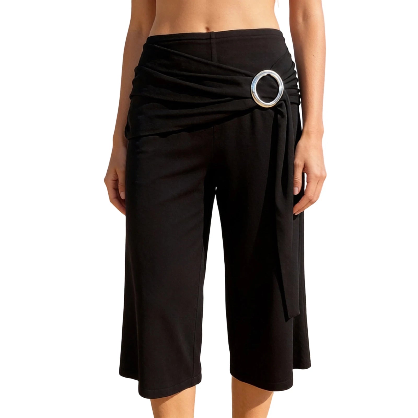 Women Metal Ring Twist Wrap Waist Capri Pants Low Rise Ruched Flared Cropped Wide Leg Trousers Stretch Summer Casual Bottoms