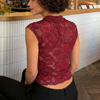 Women's Floral Lace Crop Top | Cap Sleeve V-Neck Blouse