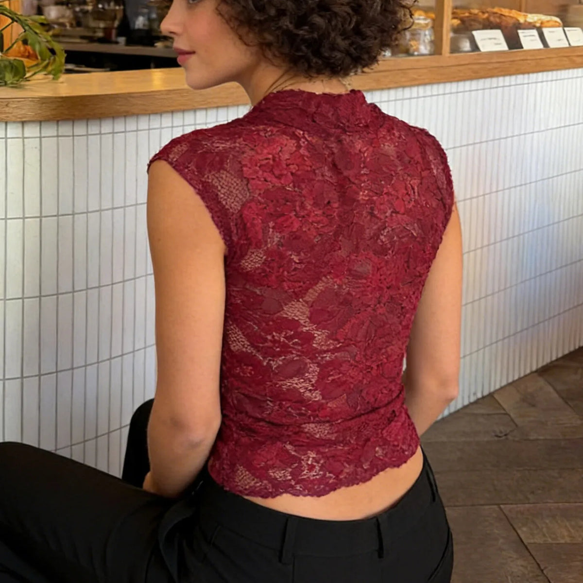 Hirigin Women Floral Lace Tank Top Sheer Frog Button V Neck Crop Top Cap Sleeve Slim Fit Embroidery Sheer Blouse Shirt