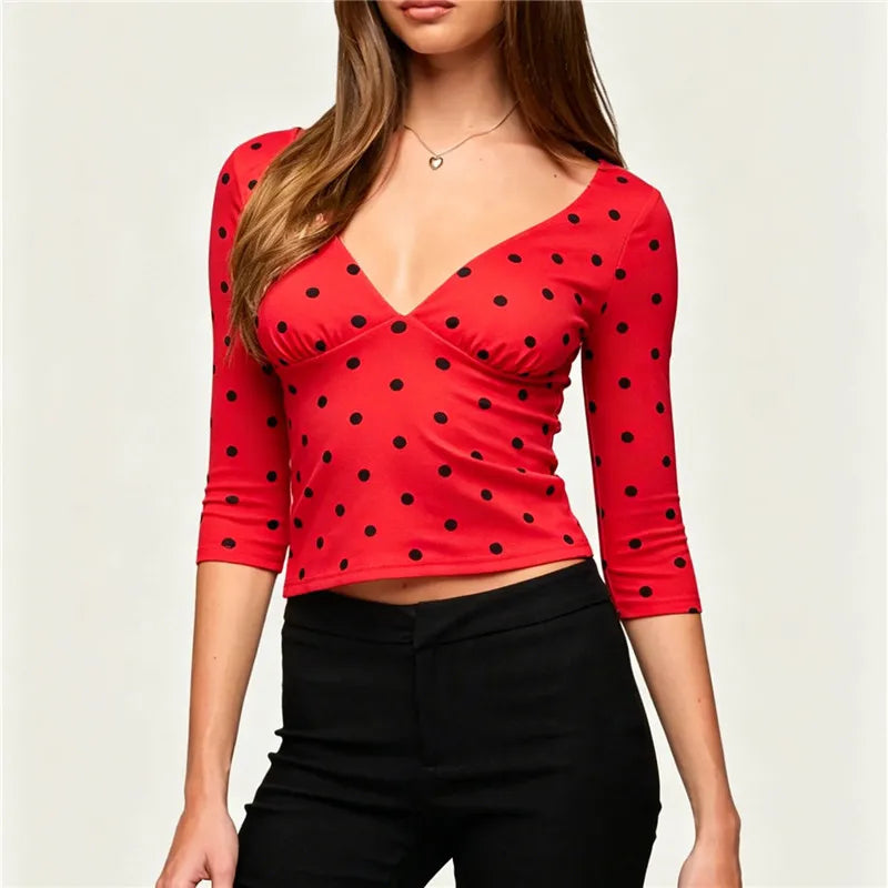 VacationGrabs Women Vintage Polka Dot Crop Top Deep V 3/4 Sleeve Wrap Bust Slim Fitted Short T Shirt Retro Casual Y2K Basic Blouse