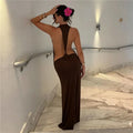 VacationGrabs Women Halter Neck Backless Maxi Dress Side Cutout Sleeveless Bodycon Long Dress Metal Buckle Detail Evening Party Gown
