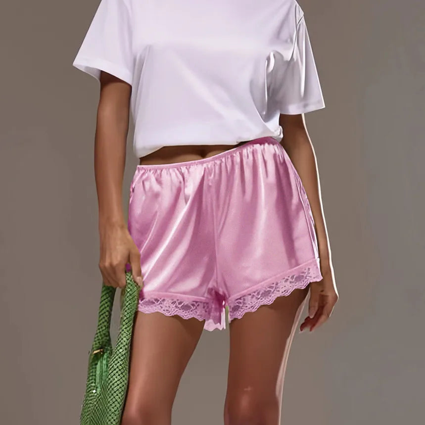 VacationGrabs Lace Trim Satin Shorts for Women Silky Elastic Waist Mini Shorts Casual Lounge French Knickers Slip Boxer Pj Bottoms
