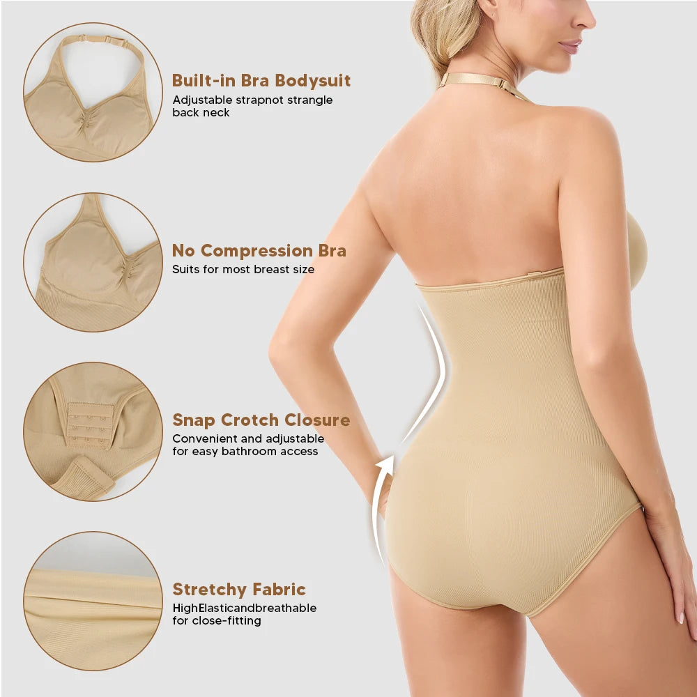 Halter Neck Bodysuit Shapewear - Backless Tummy Control