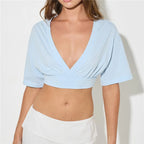 VacationGrabs Women Deep V Neck Short Sleeve Crop Top Loose Drop Shoulder Ruched Bust Wrap Front Cropped T Shirt Y2K Casual Streetwear