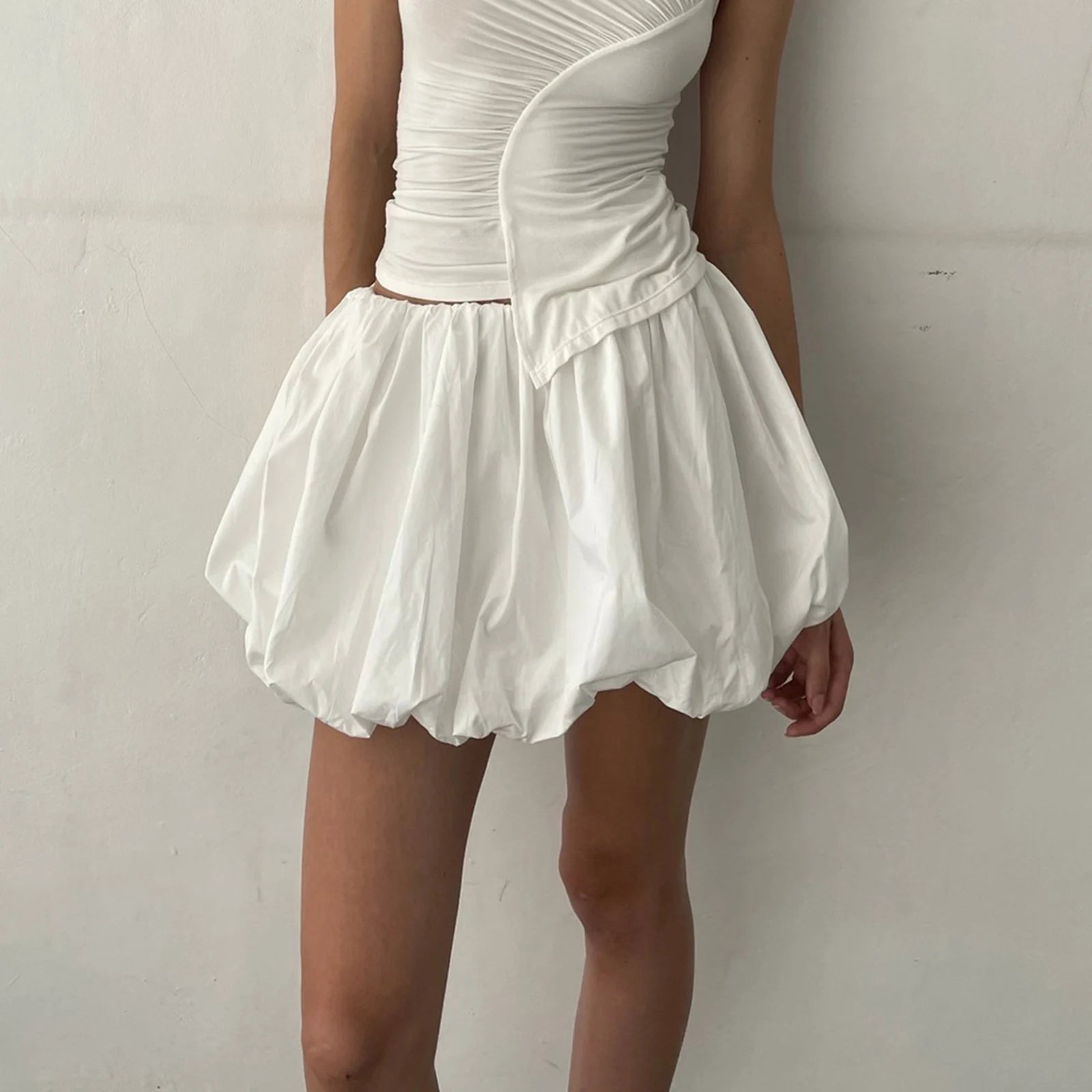 VacationGrabs Women Y2K Bubble Skirt Elastic Waist Pleated Ruffle Hem A Line Mini Skirt Girls Cute Short Puffy Balloon Skirt