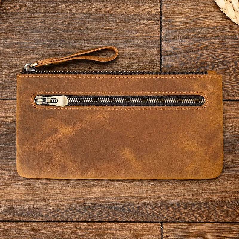 Crazy Horse Leather Zipper Wallet with Key Chain for Coins & Cards - VacationGrabs