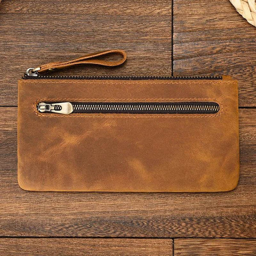 Crazy Horse Leather Zipper Wallet with Key Chain for Coins & Cards - VacationGrabs