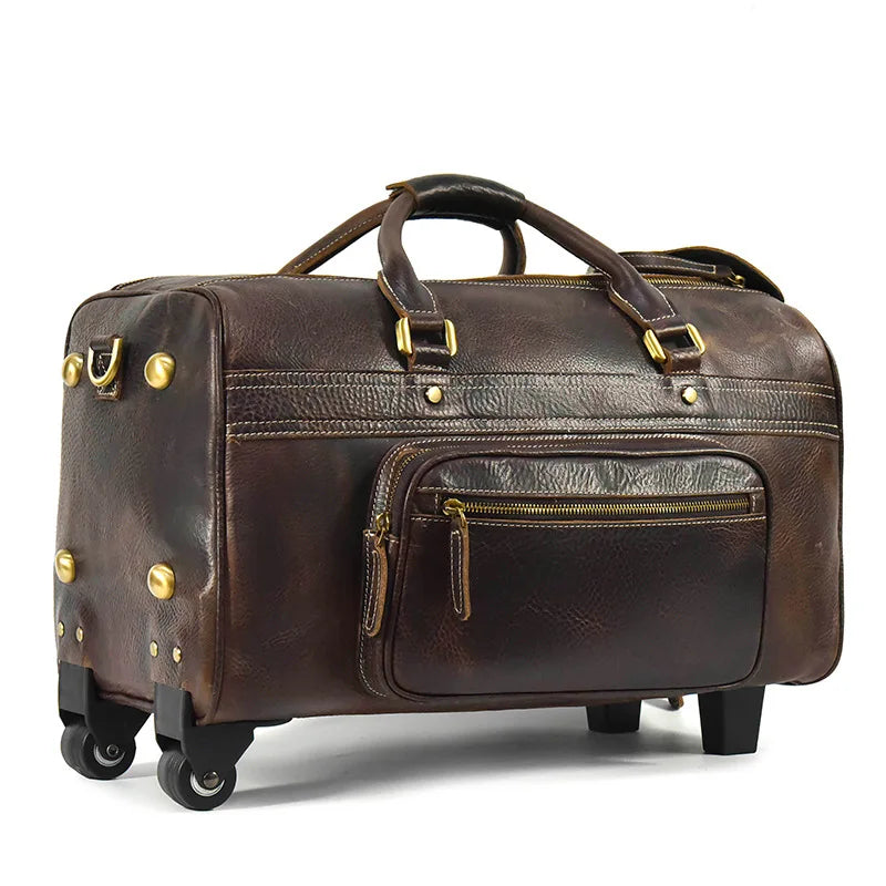 Rolling Genuine leather hand luggage travel bag with wheels