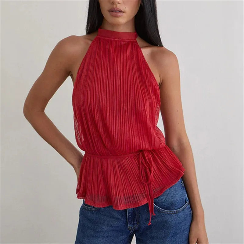 VacationGrabs Y2K Summer Backless Halter Neck Crop Tops Sleeveless Tie Up Open Back Shirts Vest Women's Chiffon Pleated Tank Top