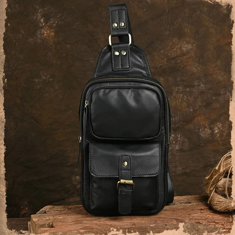 Men's Genuine Leather Chest Bag Leather Big Capacity Crossbody Bag Casual Male Riding Messenger iPad Cell Phone Sling Bag