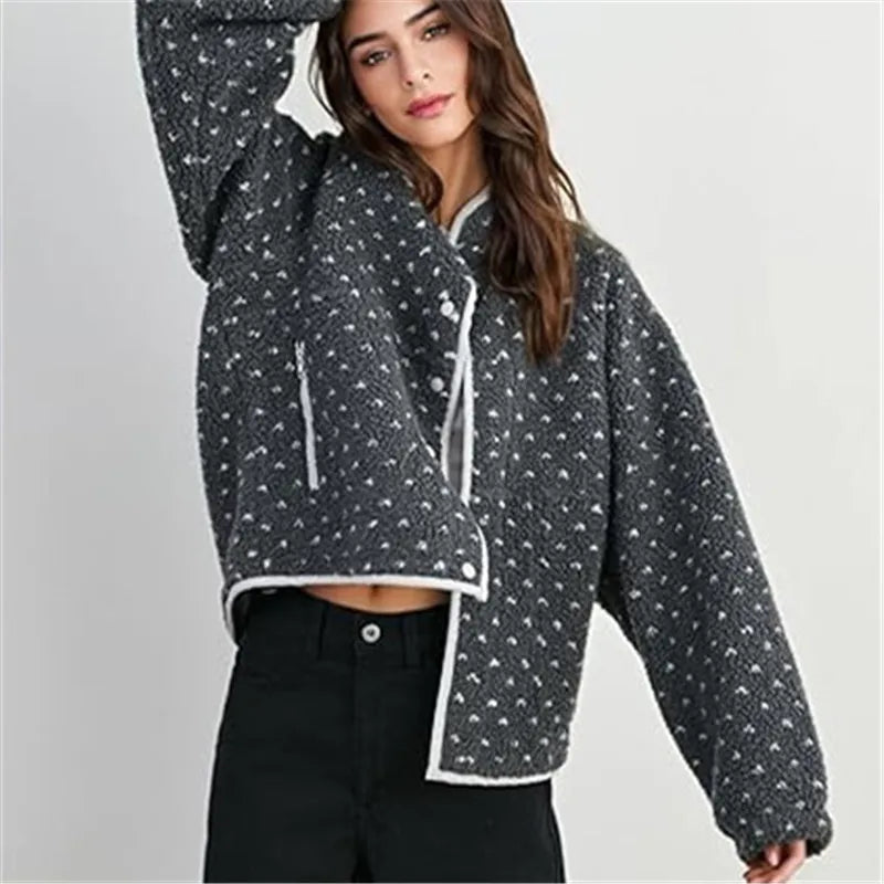 Women's Fuzzy Fleece Sherpa Cardigan – Heart Dot Print