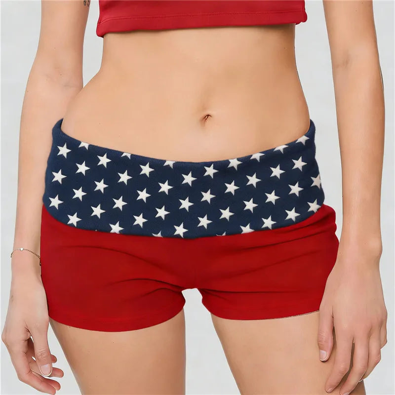 VacationGrabs Womens Patriotic Shorts Casual Foldover Waist Stars and Stripes Print Slim Fit Shorts Streetwear Shorts Independence Day