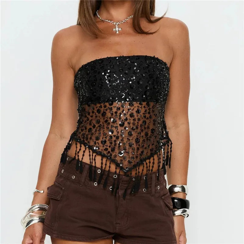 VacationGrabs Edgy Black Sequin Mesh Tube Top Women Strapless Sheer Lace Fringe Trim Crop Top for Nightclub