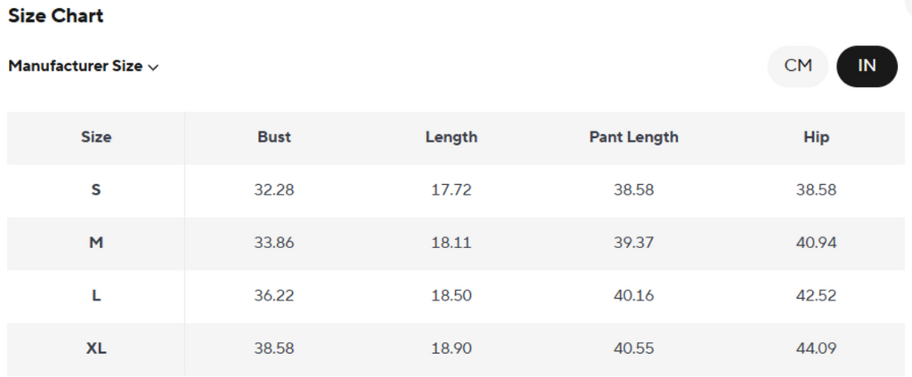 Size chart with measurements in centimeters and inches for bust, length, and hip.