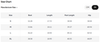 Size chart with measurements in centimeters and inches for bust, length, and hip.