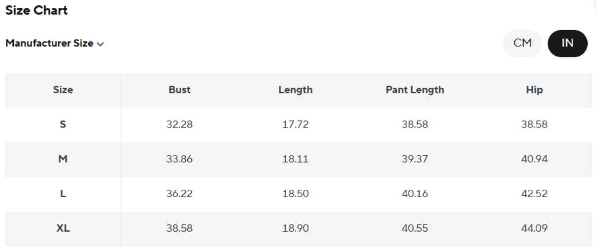 Size chart with measurements in centimeters and inches for bust, length, and hip.