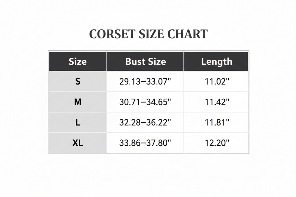 Corset size chart with bust and length measurements on a white background
