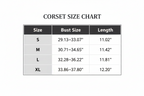 Corset size chart with bust and length measurements on a white background