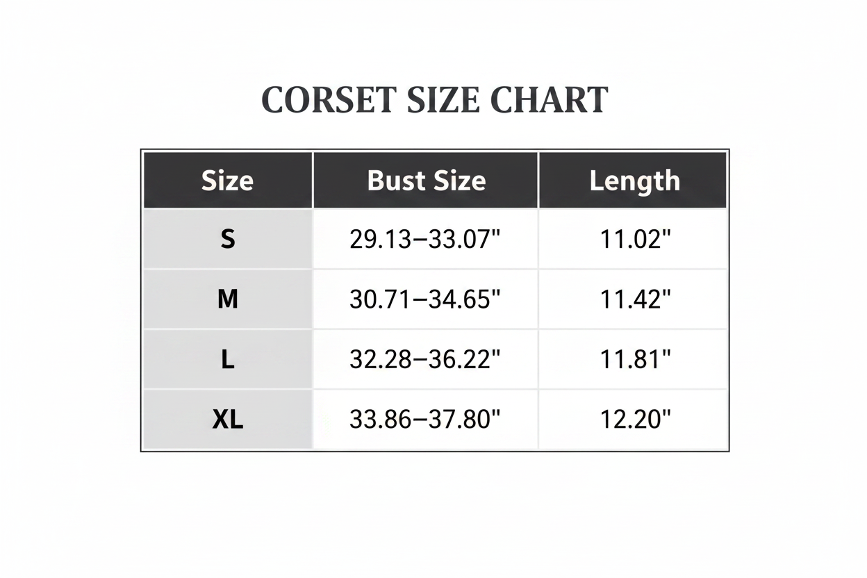 Corset size chart with bust and length measurements on a white background