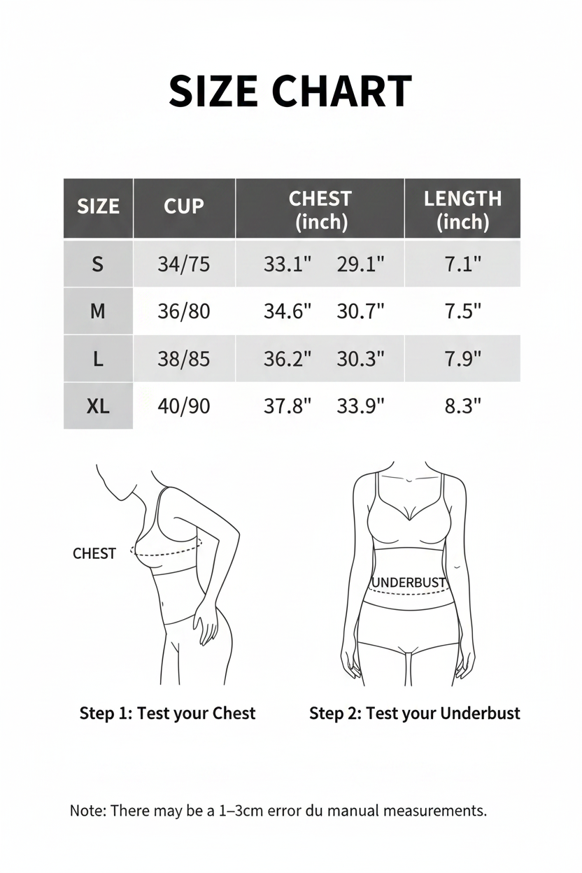 Size chart for a garment with measurements in centimeters and inches