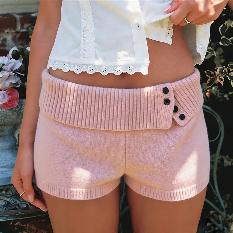 VacationGrabs Stylish Button Decor Ribbed Trim Foldover Mid Rise Shorts Women Knit Crochet Micro Shorts Casual Slim Fit Y2K Streetwear