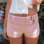 VacationGrabs Stylish Button Decor Ribbed Trim Foldover Mid Rise Shorts Women Knit Crochet Micro Shorts Casual Slim Fit Y2K Streetwear