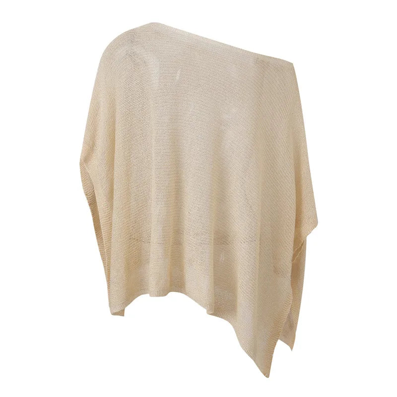 VacationGrabs Women Knit Poncho Top One Shoulder Asymmetric Irregular Hanky Hem Sheer See Through Batwing Cover Up Summer Beachwear