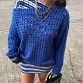 VacationGrabs Women Retro Y2K Hollow Knit Mesh Sweater Off‑Shoulder Slouchy Oversized Pullover Long Sleeve Grunge Vintage Street Tops