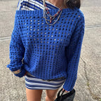 VacationGrabs Women Retro Y2K Hollow Knit Mesh Sweater Off‑Shoulder Slouchy Oversized Pullover Long Sleeve Grunge Vintage Street Tops