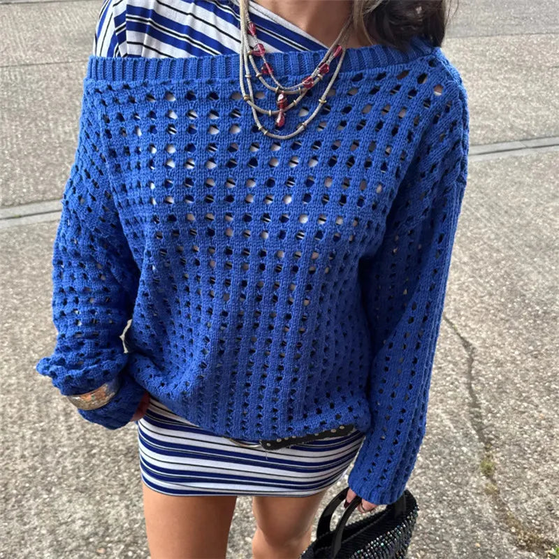 VacationGrabs Women Retro Y2K Hollow Knit Mesh Sweater Off‑Shoulder Slouchy Oversized Pullover Long Sleeve Grunge Vintage Street Tops