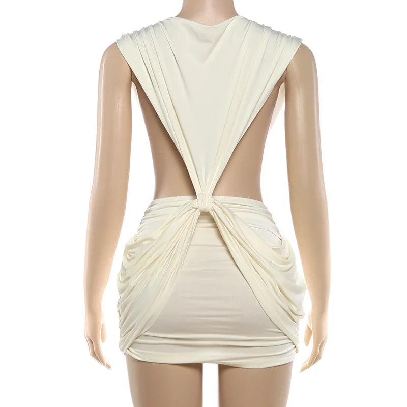 VacationGrabs Women Backless Deep V Twist Knot Bodycon Mini Dress Sleeveless Ruched Waist Cutout Slim Party Vacation Tight Dress