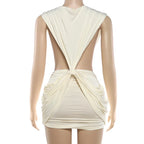 VacationGrabs Women Backless Deep V Twist Knot Bodycon Mini Dress Sleeveless Ruched Waist Cutout Slim Party Vacation Tight Dress