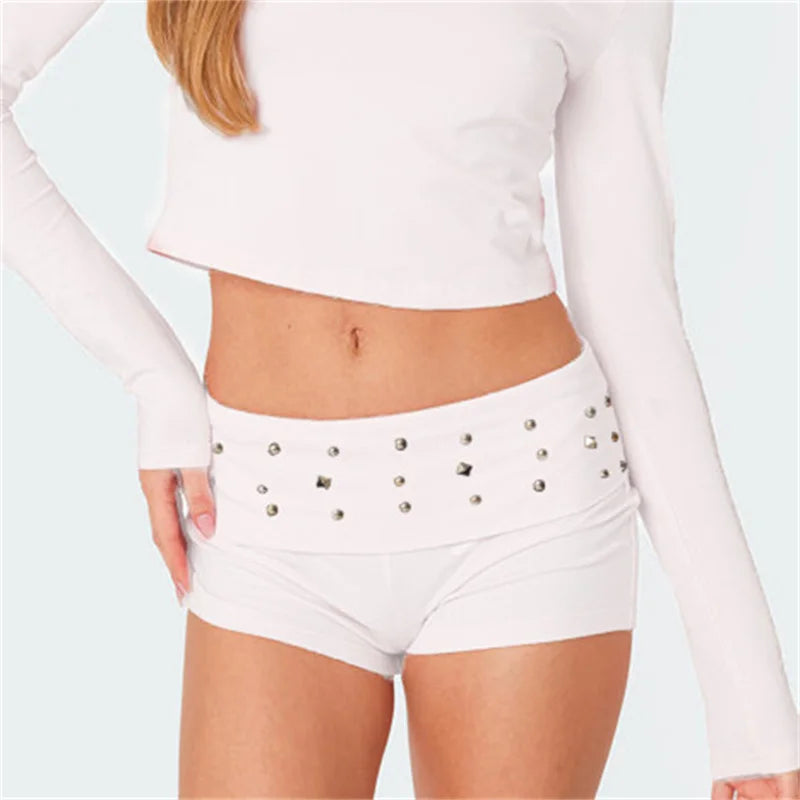 VacationGrabs Womens Y2k Grunge Mini Shorts Fold Over Low Rise Studded Rivet Rave Concert Club Punk Goth Micro Bottoms Streetwear