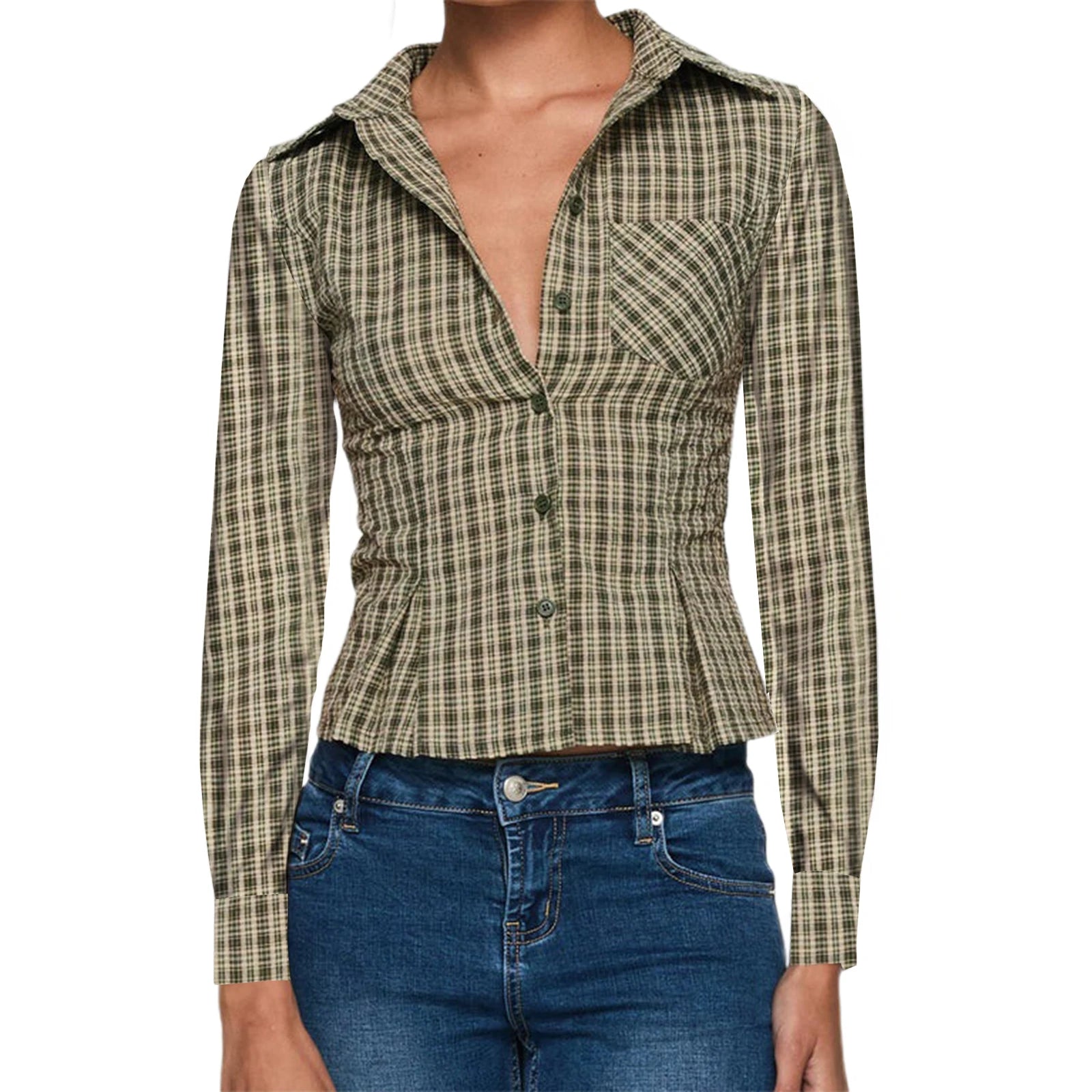 VacationGrabs Women Slim Fit Button Down Striped Shirt Long Sleeve Fitted Button Up Shirt Vintage Y2K Pinstripe Collared Blouse